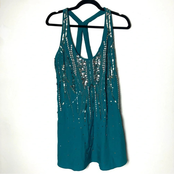 Free‎ People Ella Embellished Slip Dress teal beaded sequin mini XXS - Picture 1 of 7